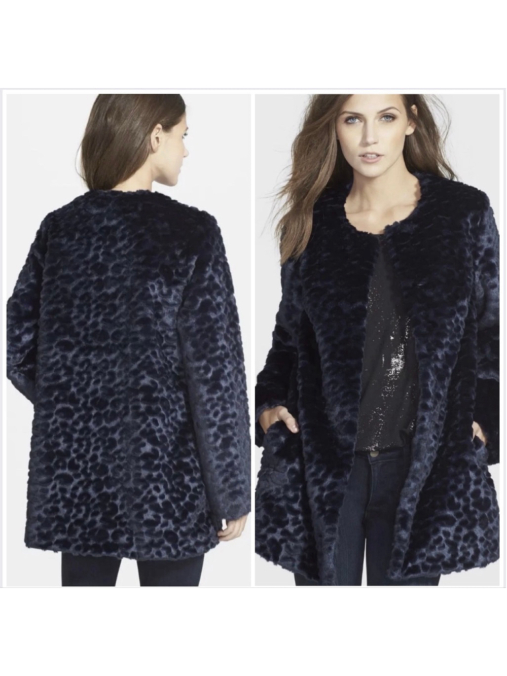 NWOT Sam Edelman Navy Faux Fur Coat S Leopard Print